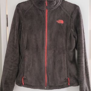 North Face green fleece jacket with orange/pink zipper and label. Medium